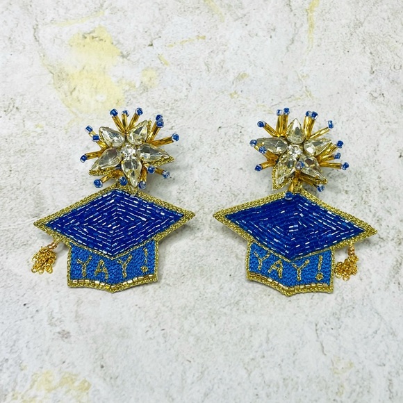 Royal Blue & Gold Graduation Graduate Earrings - Picture 5 of 6